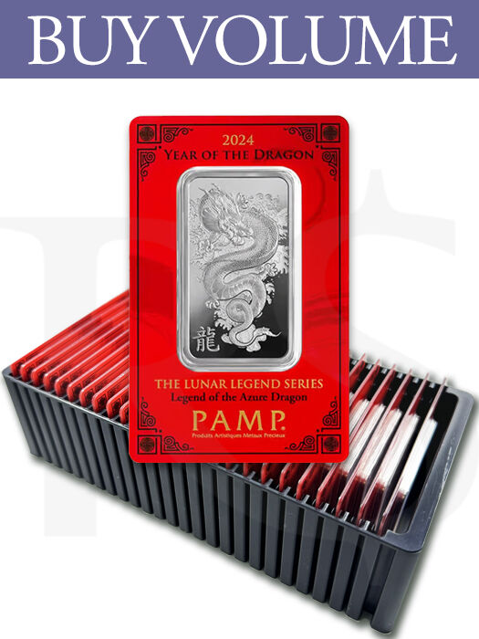 Buy Volume: Box of 25 or more PAMP Suisse Legend Dragon 1 oz Silver Bar