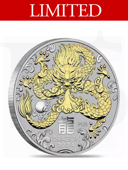 024 Perth Mint Gold Gilded Dragon 1 oz Silver Coin (with Capsule)