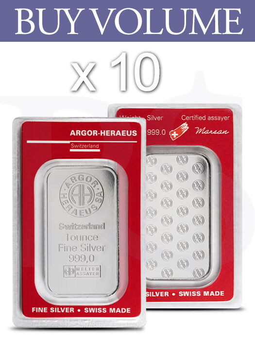 Buy Volume: 10 or more Argor Heraeus 1oz Silver Bar (Switzerland)