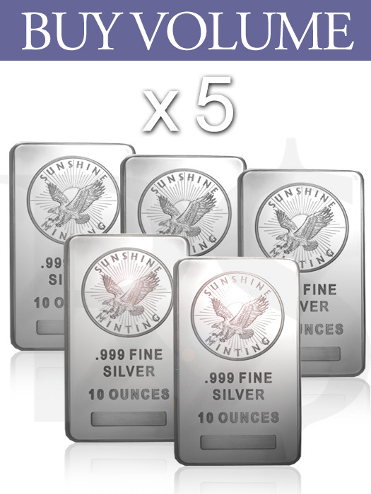 Buy Volume: 5 or more Sunshine Mint Silver Bar 10 oz (With MINT MARK SI™)