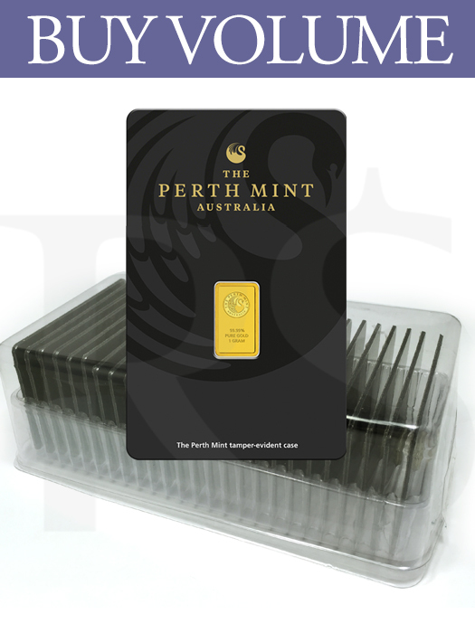 Buy Volume: Box of 25 or more Perth Mint 1 gram 999 Gold Bars