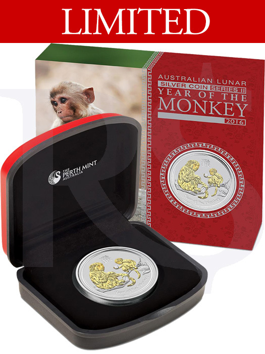 2016 Perth Mint Gold Gilded Monkey 1 oz Silver Coin