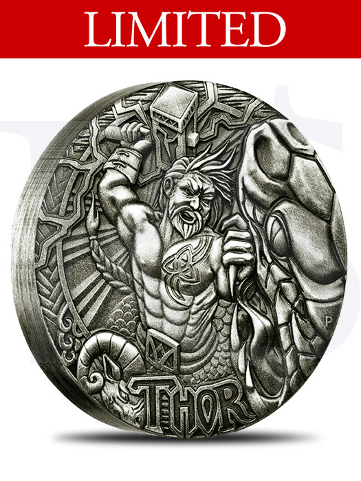2016 Perth Mint Norse Gods Thor Rimless Antiqued 2 oz Silver Coin