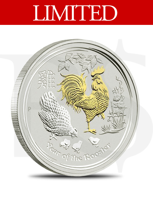 2017 Perth Mint Gold Gilded Rooster 1 oz Silver Coin
