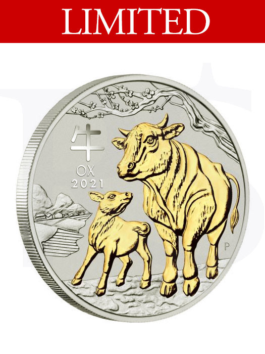 2021 Perth Mint Gold Gilded Ox 1 oz Silver Coin in Capsule