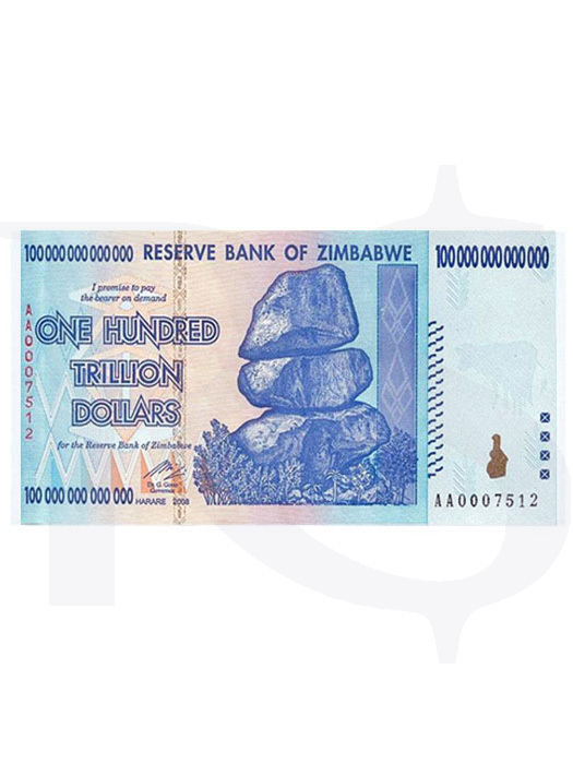 Lot Of 5 – Zimbabwe 100 Trillion Dollar Banknotes, AA/2008, UNC, PASSCO Certified