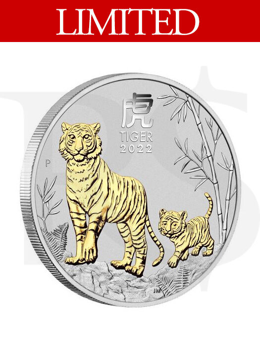 2022 Perth Mint Gold Gilded Tiger 1 oz Silver Coin in Capsule