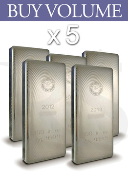 Buy Volume: 5 x Royal Canadian Mint (RCM) 100 oz Bars